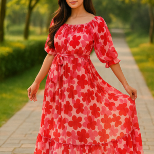 Red Floral Middy Dress