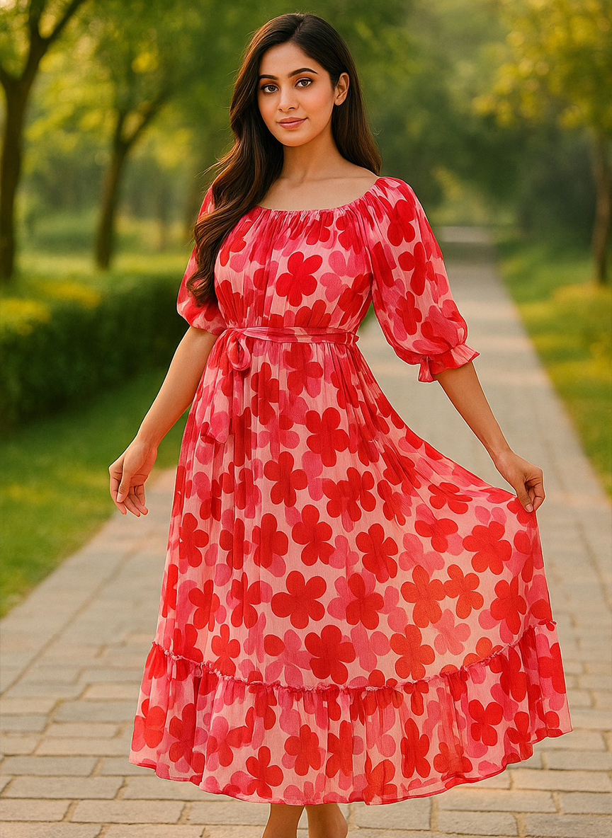 Red Floral Middy Dress