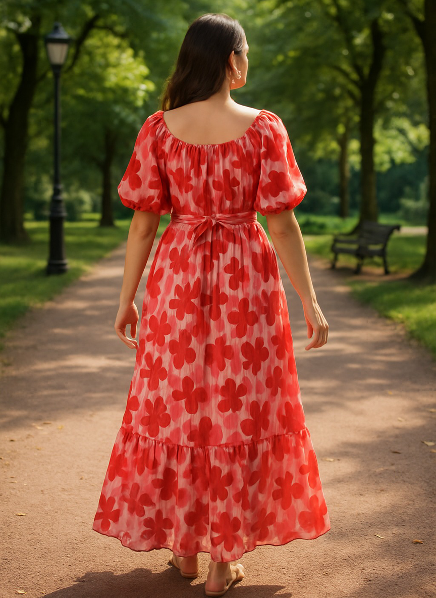 Red Floral Middy Dress