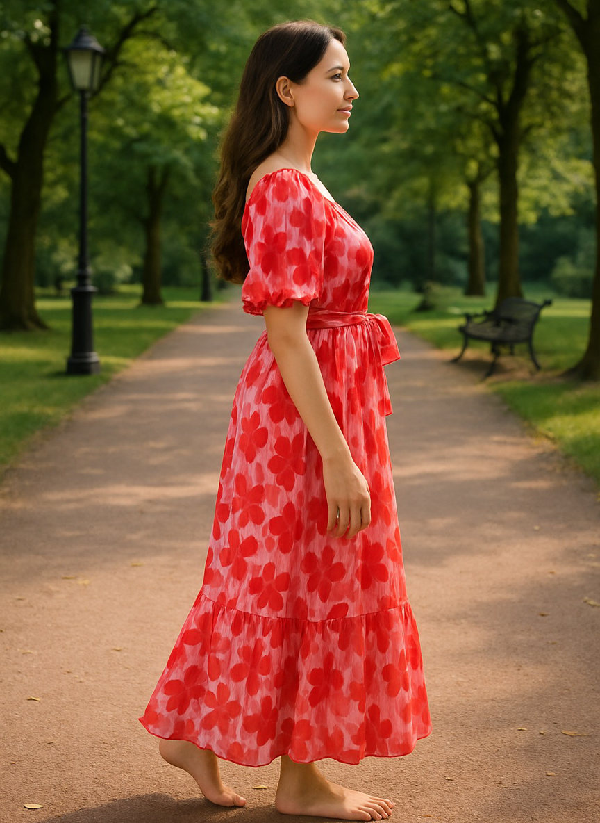Red Floral Middy Dress