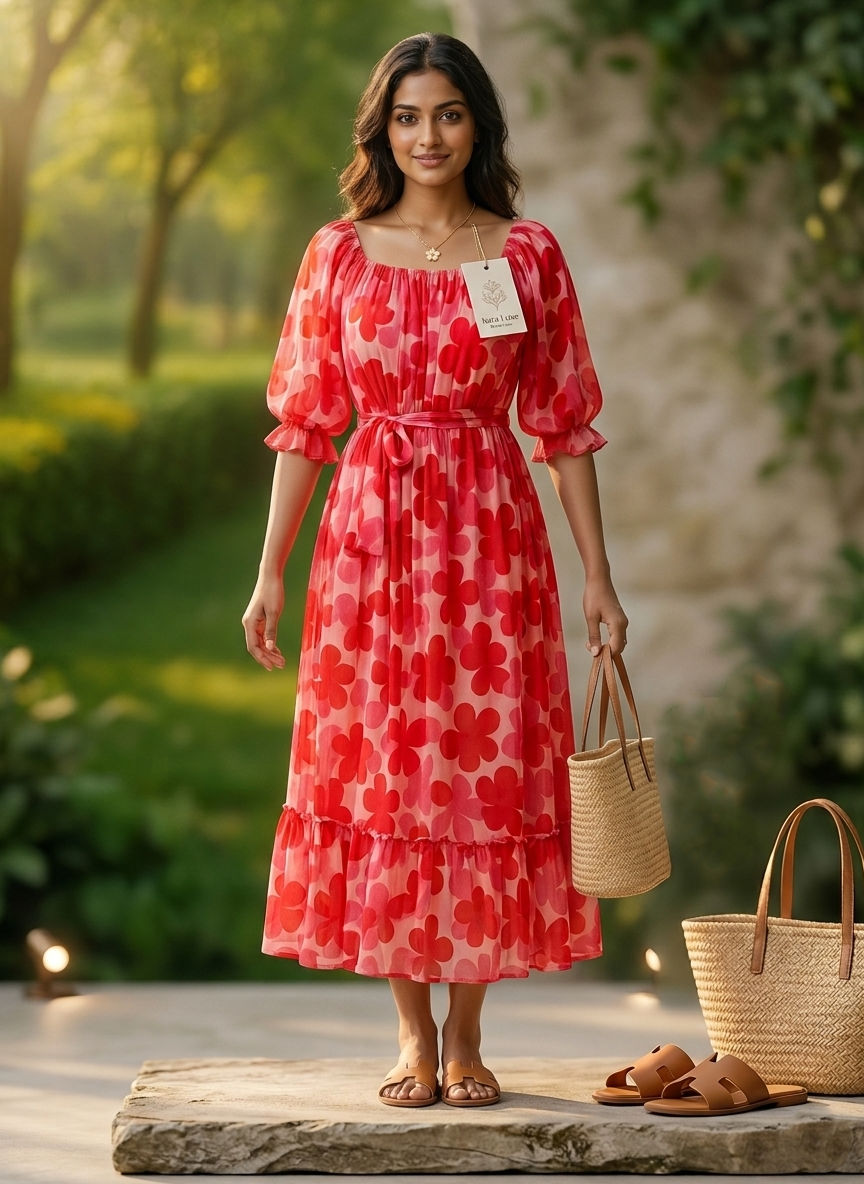 Red Floral Middy Dress