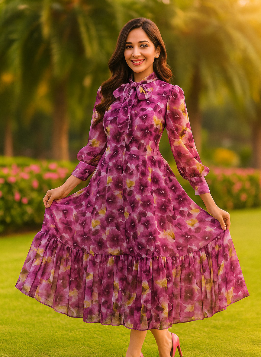 Floral Tie-Neck Midi Dress